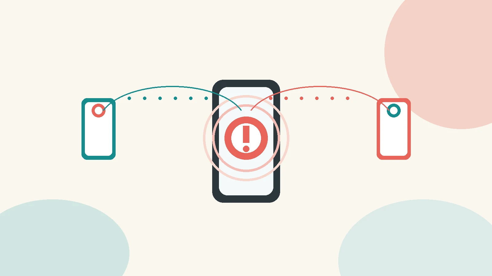 Flat-vector illustration of a child's phone with a prominent hold-to-send SOS control and soft location pin, beside a calm parent phone receiving an alert — faceless figures, no readable text.