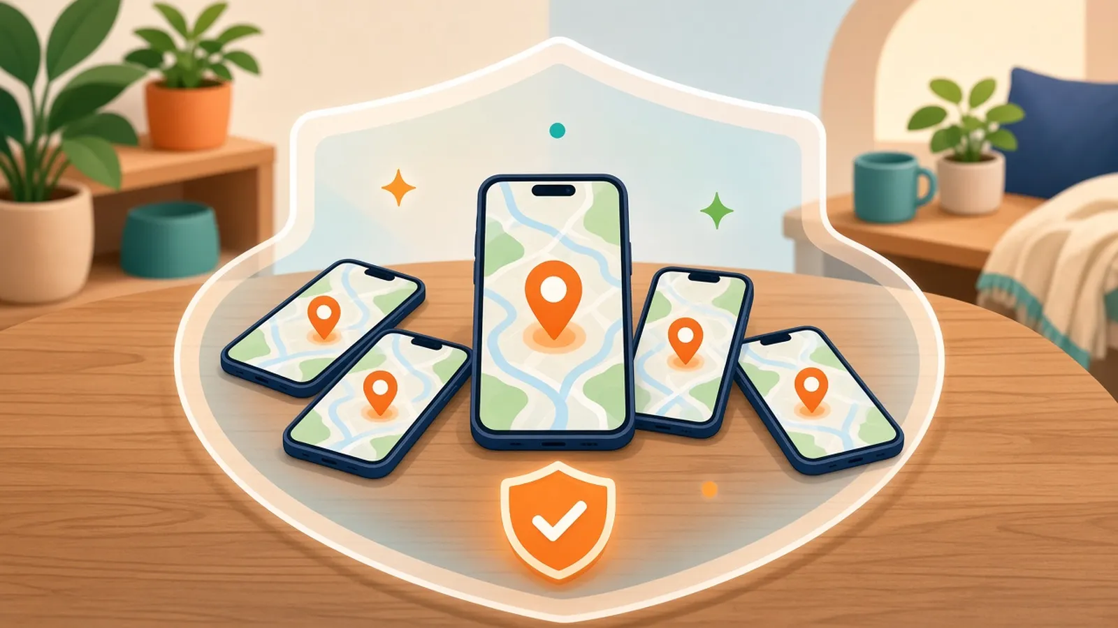 A family's phones on a table, each showing a simple map with an orange location pin, wrapped in a shield to suggest privacy.