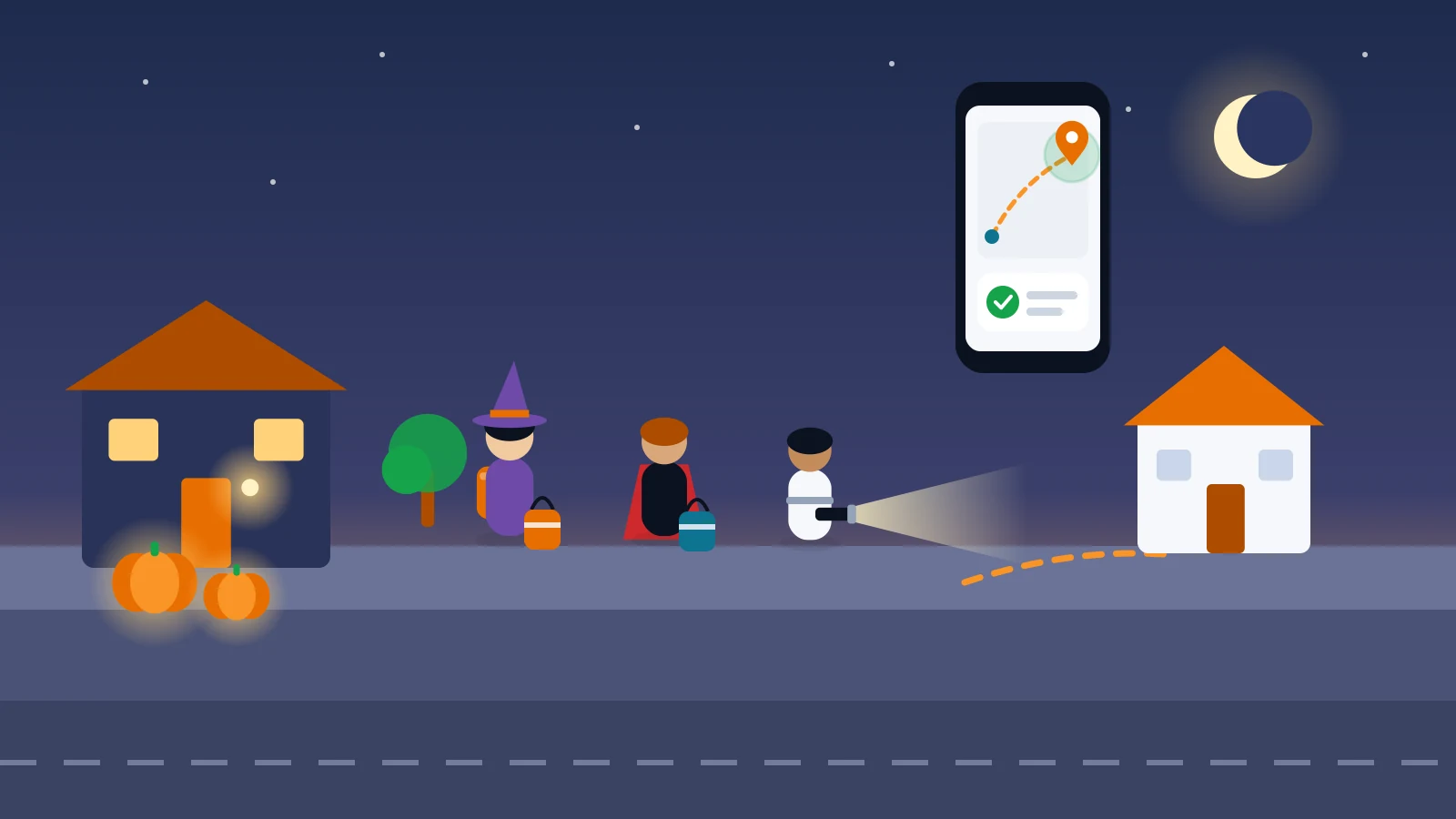 Flat-vector illustration of three costumed kids with a flashlight and treat bags walking on an evening sidewalk past a house with a porch light and pumpkins, with a dashed route to a home and a parent's phone showing a calm arrival check, faceless figures, no readable text.