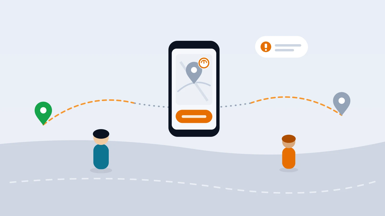 Flat-vector illustration of a parent's phone showing a paused location pin, with a dashed route that breaks between two map pins and two faceless figures standing apart, no readable text.