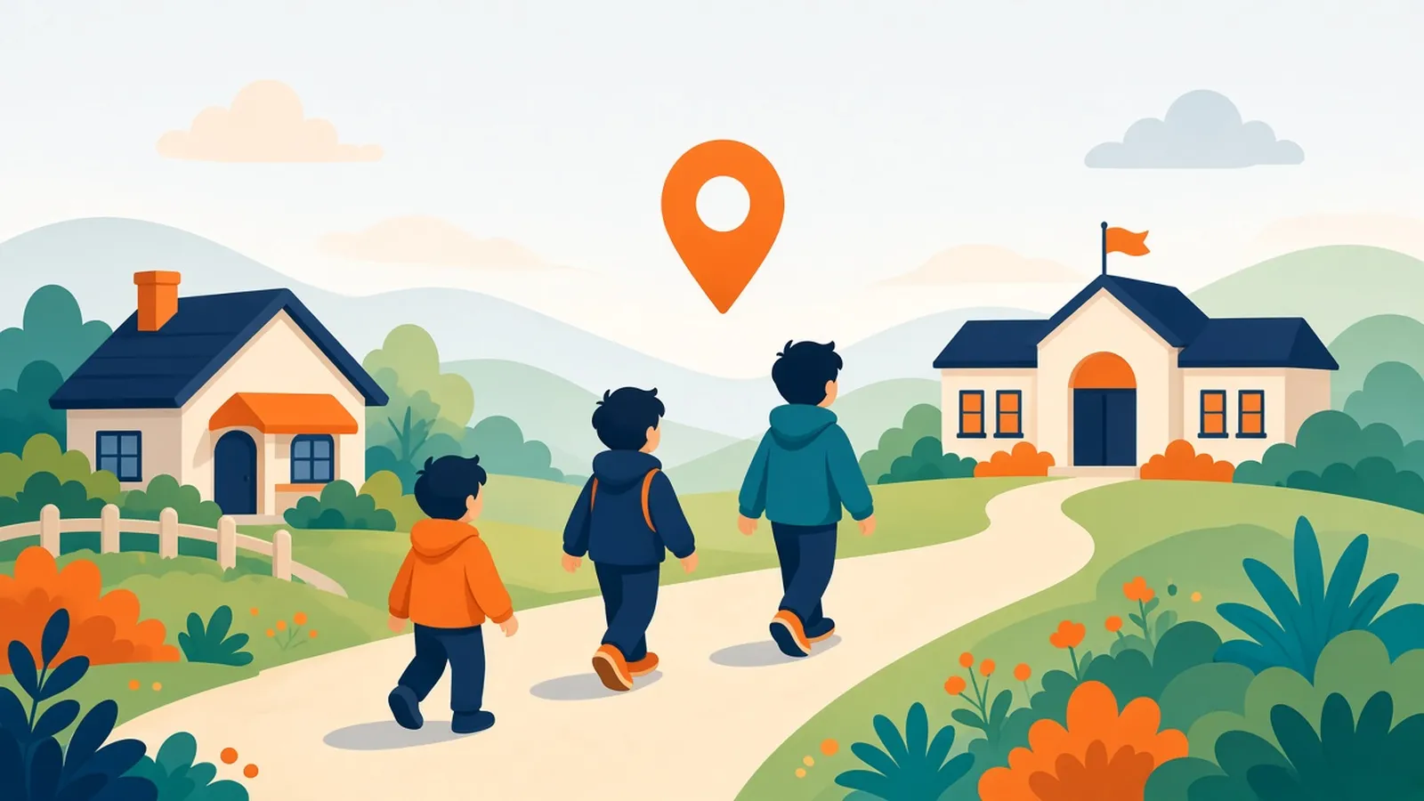 Three children of increasing height walking along a path from home toward a school, with a map pin above.