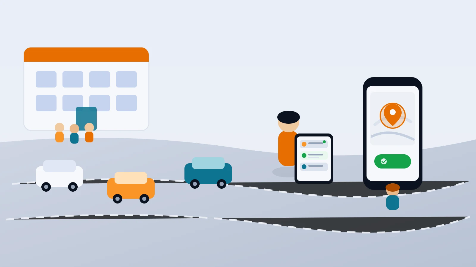 Flat-vector illustration of a school pickup lot with stylized cars, a staff tablet showing a live queue of faceless avatar cards, and a parent phone with a lot pin and check-in gesture — no readable text.