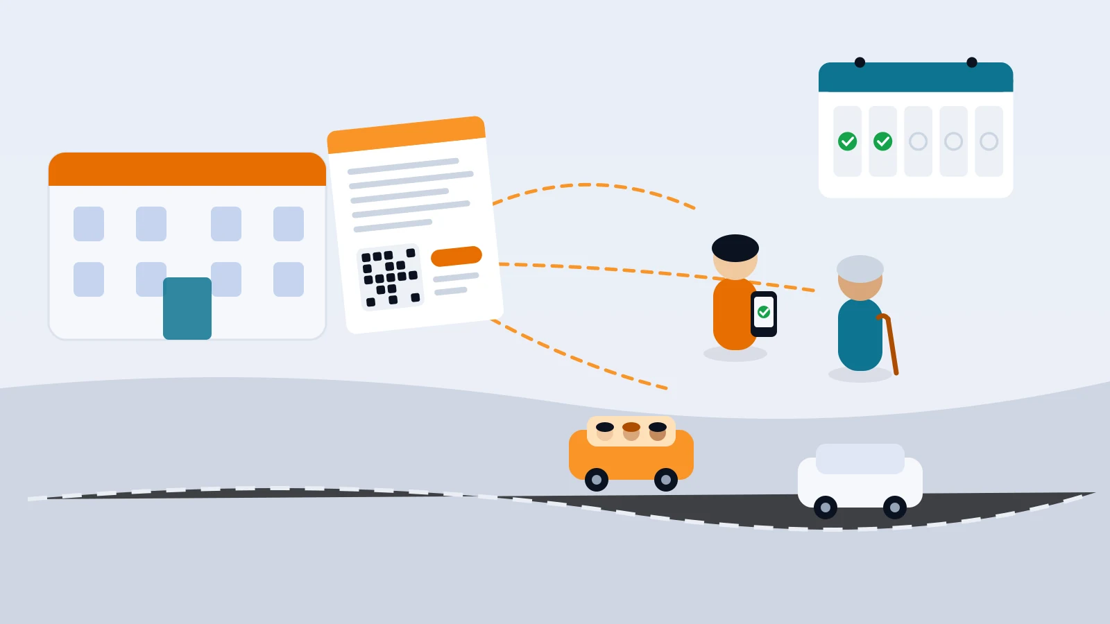 Flat-vector illustration of a school building sending a family letter along dashed paths to a parent holding a phone with a green check, a grandparent with a cane and a carpool car, with a week calendar showing two checked days — faceless figures, no readable text.