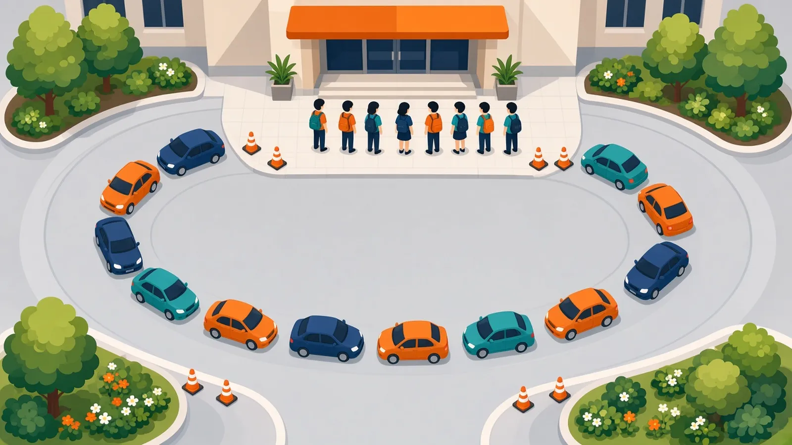 An orderly school pickup lane with cars moving smoothly toward a school entrance where students wait in a staging area.