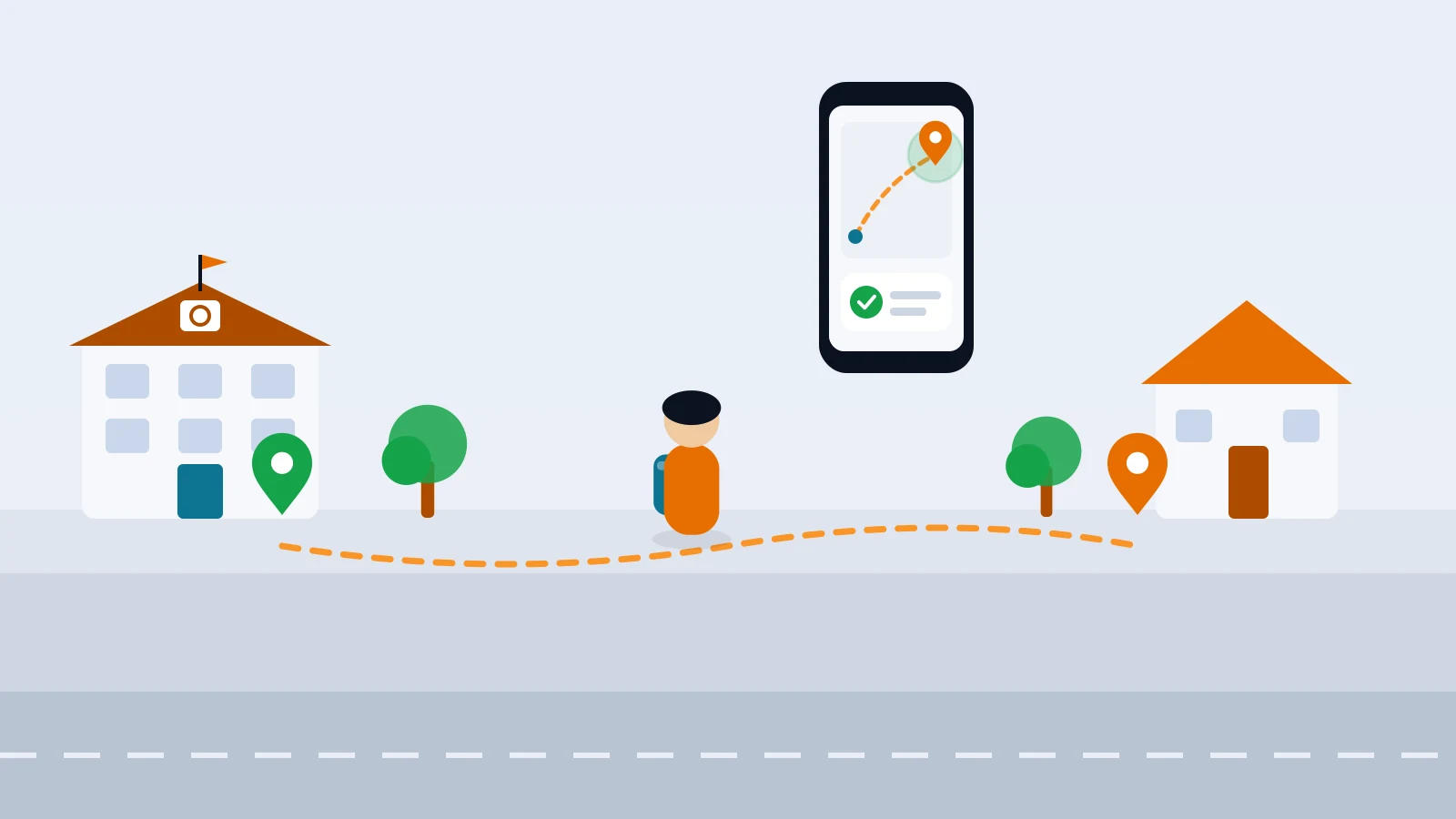 Flat-vector illustration of a child with a backpack walking along a sidewalk from a school building toward a house, a dashed route with map pins and a parent's phone showing a calm arrival check, faceless figures, no readable text.