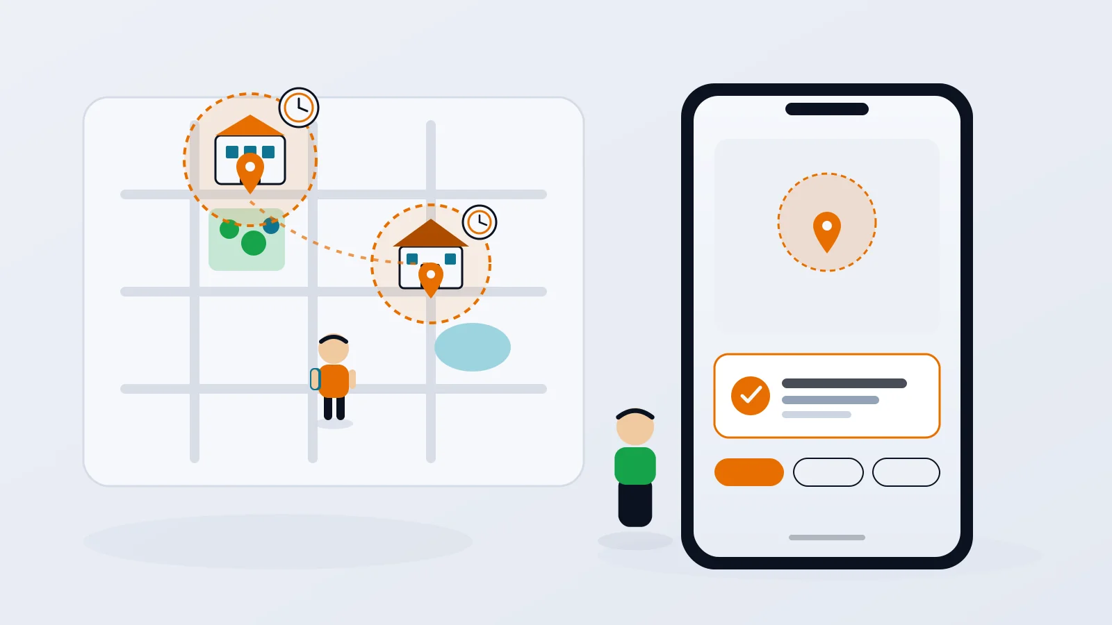 Flat-vector illustration of a neighborhood map with two scheduled geofence zones marked by clock badges and orange pins, a faceless child with a backpack walking a dotted route, and a large phone showing a single arrival alert.