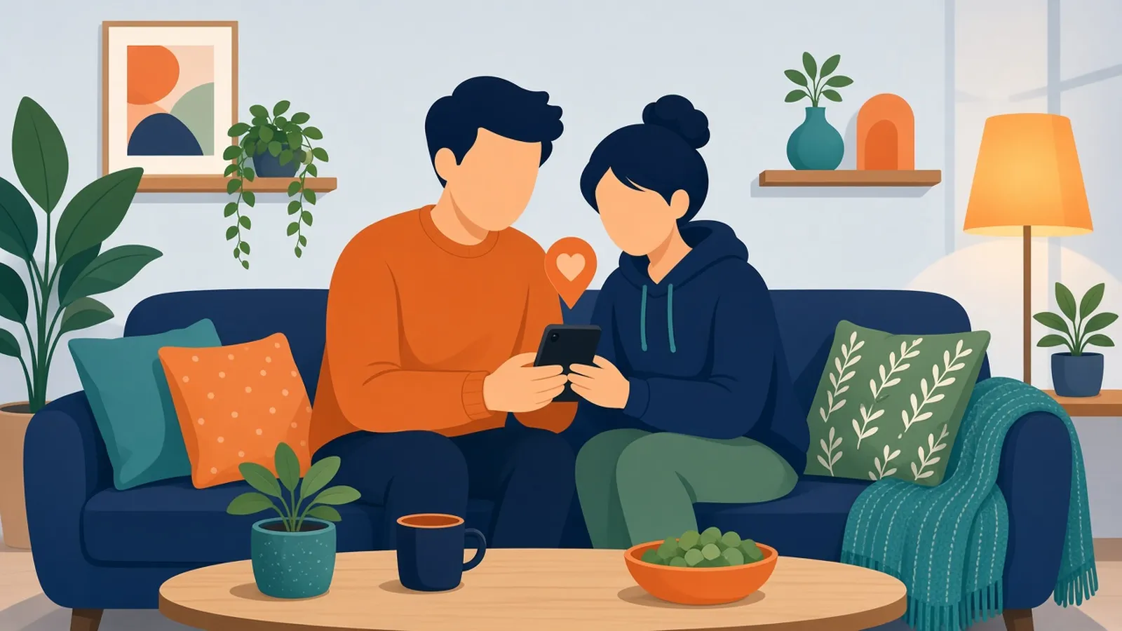 A parent and teen sitting together on a couch looking at a phone, with a heart-shaped location pin between them.